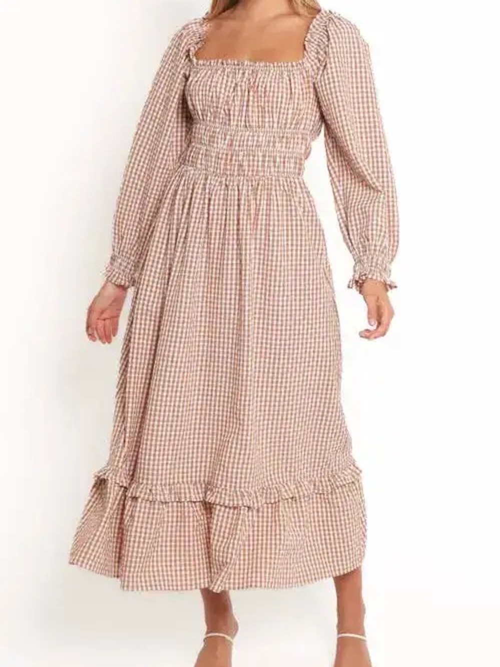 Petal & Pup Beige Gingham Smocked Maxi Dress